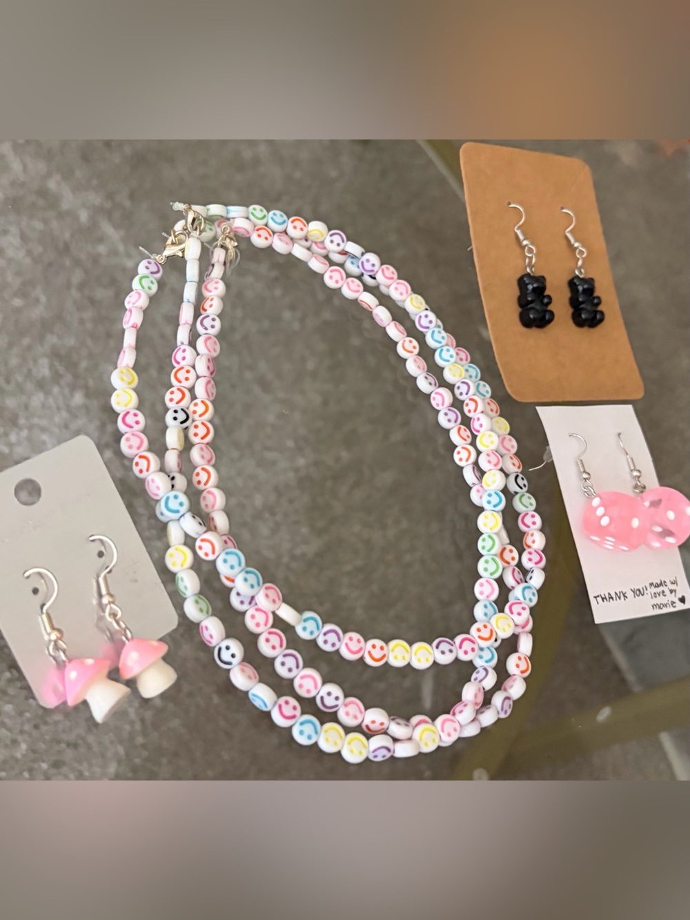 Hand Crafted Multicolor Smile Face Bead Necklace and 3 Pairs Of Earrings